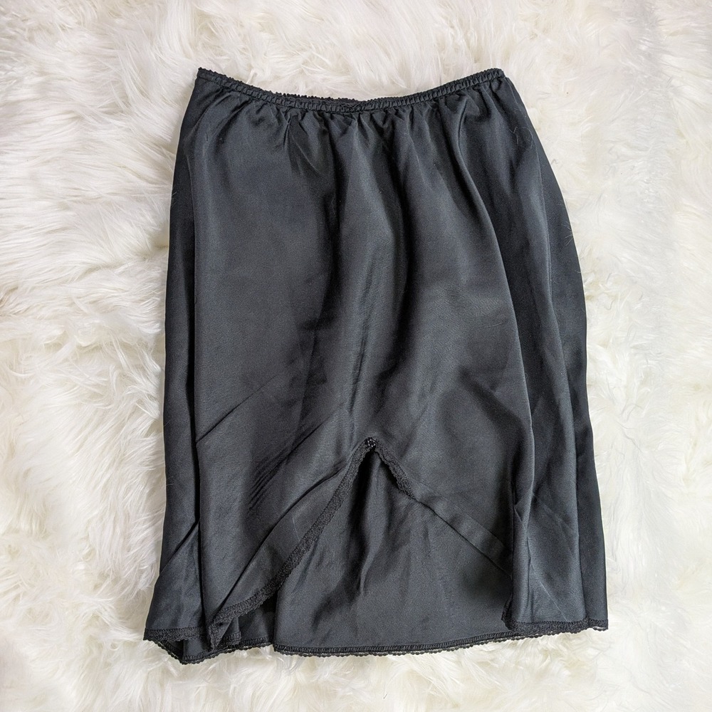 Vintage 80s Lace Trim Black Half Slip Sears Lingerie w/ Elastic Waist Size Small